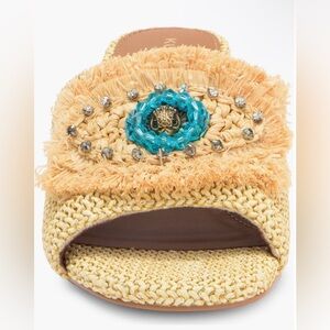 KURT GEIGER LONDON OLIVE BLOCK HEEL SLIDE EAGLE HEAD SANDAL IN OPEN BEIGE Sz 5